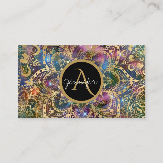 Gold watercolor and nebula mandala business card (Front)