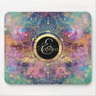 Gold watercolor and nebula mandala mouse pad