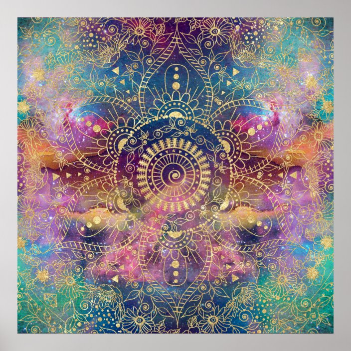 Gold watercolor and nebula mandala poster | Zazzle.com