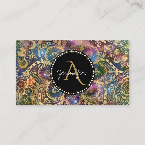 Gold watercolor and nebula mandala sparkly diamond business card