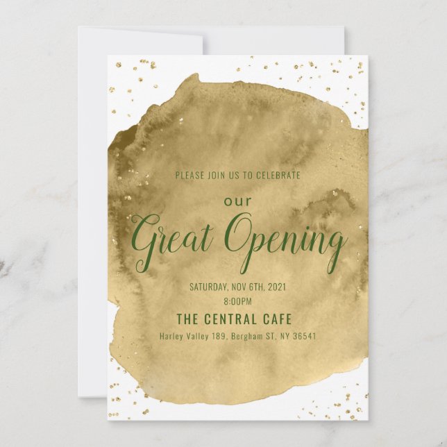 Gold watercolor brush stroke on white Opening Invitation (Front)