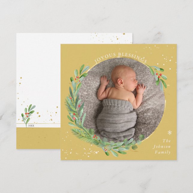 Gold Watercolor Christmas Joyous Blessings Holiday Card (Front/Back)