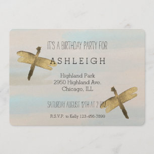 Gold Watercolor Dragonflies birthday Invitation