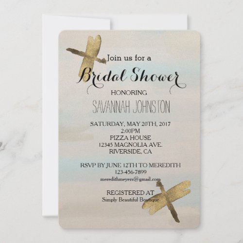 Gold Watercolor Dragonflies bridal shower Invitation