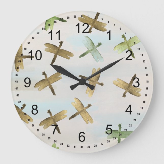Gold Watercolor Dragonflies Large Clock (Front)