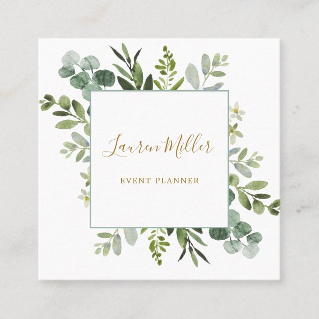 Gold | Watercolor Eucalyptus Green Foliage Square Business Card (Front)