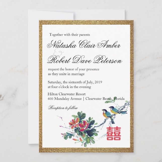 Gold Watercolor Floral Bird Chinese Xi Wedding Invitation (Front)