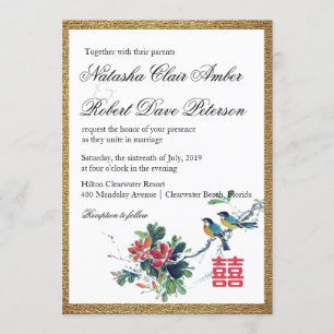 Gold Watercolor Floral Bird Chinese Xi Wedding Invitation