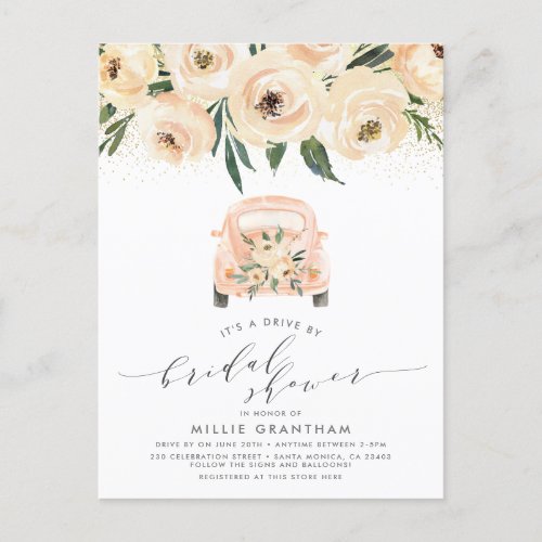 Gold  Watercolor Floral Drive By Bridal Shower Invitation Postcard
