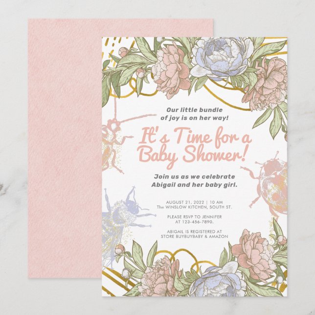Gold Watercolor Floral & Greenery Girl Baby Shower Invitation (Front/Back)