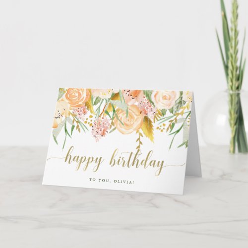 Gold Watercolor Floral  Happy Birthday Card