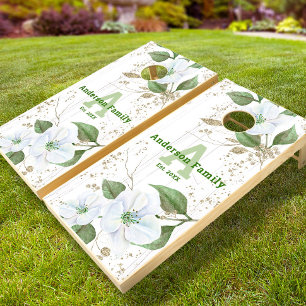 Gold Watercolor Floral Monogram White Beach Wood Cornhole Set