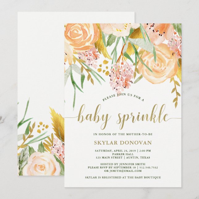 Gold Watercolor Floral on White | Baby Sprinkle Invitation (Front/Back)