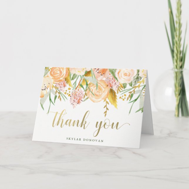 Gold Watercolor Floral on White | Thank You (Front)