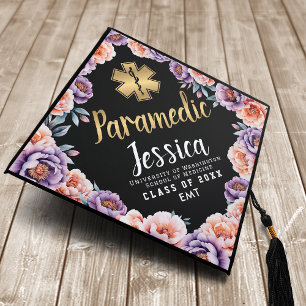 Gold Watercolor Floral Paramedic EMT Medical Graduation Cap Topper
