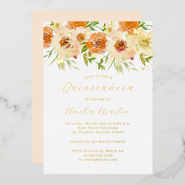 Gold Watercolor Floral Quinceanera  Foil Invitation (Front/Back)
