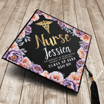 Gold Watercolor Floral Registered Nurse RN Medical Graduation Cap Topper<br><div class="desc">Elevate your grad style! Celebrate your journey with this stunning graduation cap featuring watercolor orange & purple peonies, "Nurse" in golden lettering, and a sleek black background. Perfect for showcasing your passion and hard work. Note that the gold on this cap is NOT printed with real foil and are printed...</div>