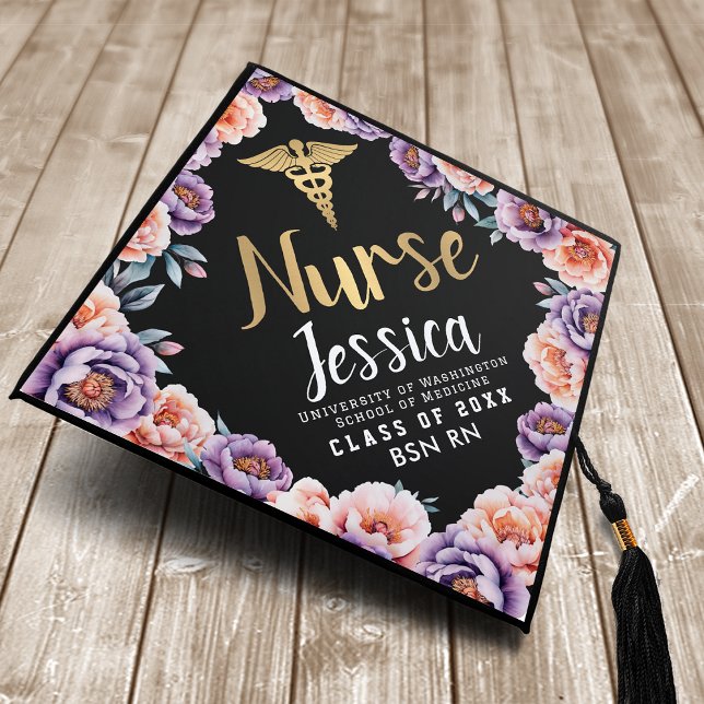 Gold Watercolor Floral Registered Nurse RN Medical Graduation Cap Topper (Creator Uploaded)