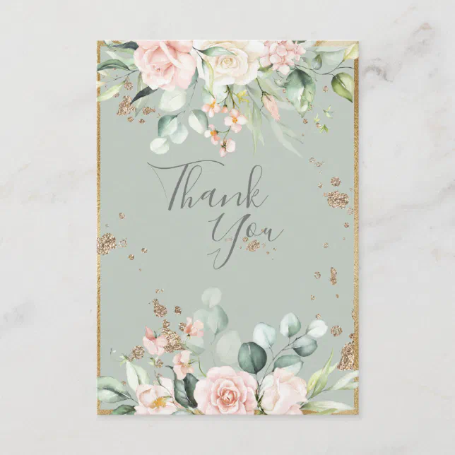 Gold Watercolor Floral Sage Green Wedding Thank You Card | Zazzle