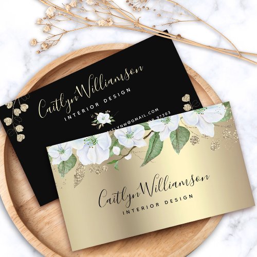 Gold Watercolor Floral Stylish Black Script Modern Business Card