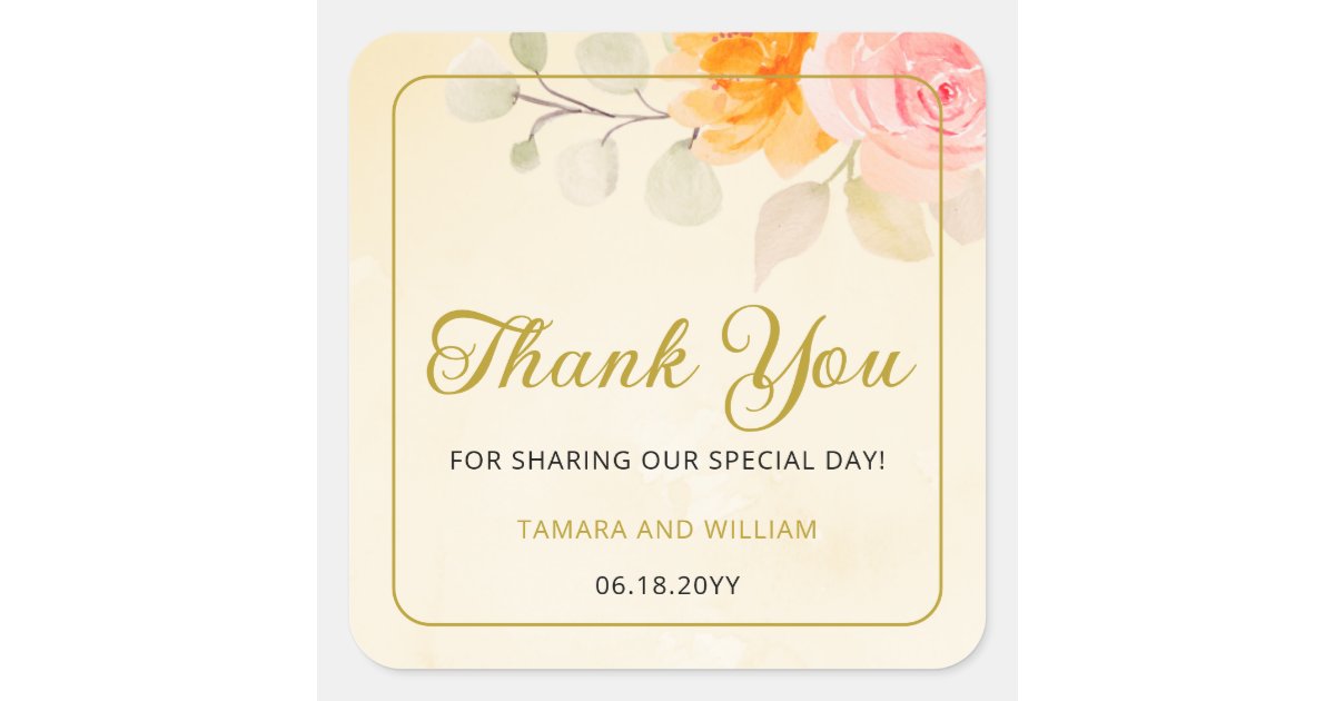 Gold Watercolor Floral Wedding Thank You Favor Square Sticker | Zazzle
