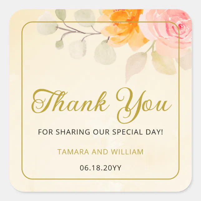 Gold Watercolor Floral Wedding Thank You Favor Square Sticker | Zazzle