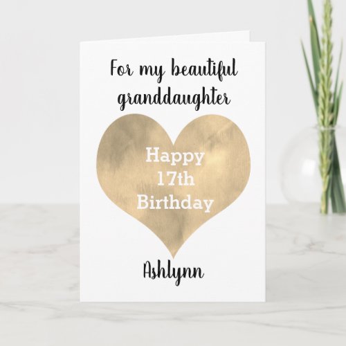 Gold Watercolor Heart 17th Birthday Card