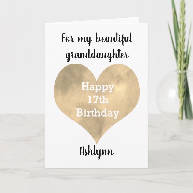 Gold Watercolor Heart 17th Birthday Card (Front)