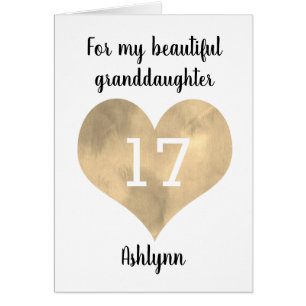 Gold Watercolor Heart 17th Birthday Cards