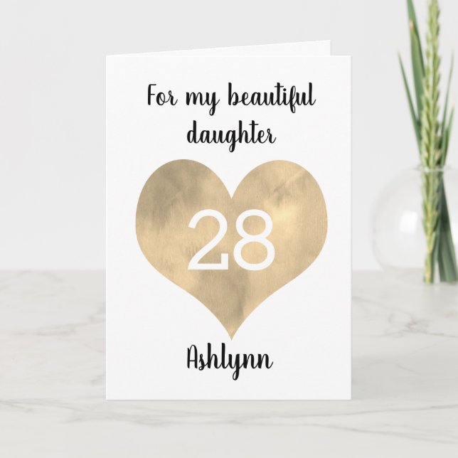 Gold Watercolor Heart 28th Birthday Card (Front)