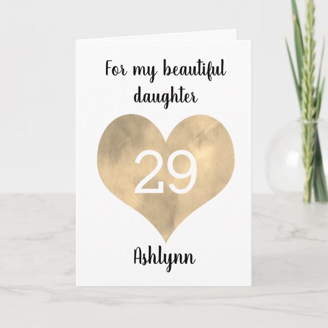 Gold Watercolor Heart 29th Birthday Card (Front)