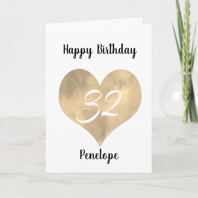 Gold Watercolor Heart 32nd Birthday Card (Front)