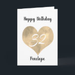Gold Watercolor Heart 32nd Birthday Card<br><div class="desc">A personalized watercolor gold heart 32nd birthday card for her. You will be able to easily personalize the front with her name. The inside card message and back of the card can also be personalize. This personalized 32nd birthday card would make a great card keepsake for daughter, wife, sister, etc....</div>