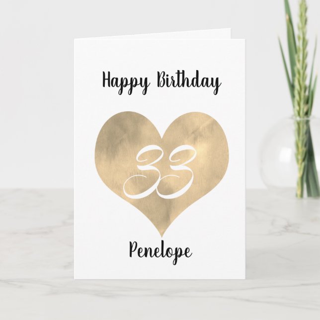 Gold Watercolor Heart 33rd Birthday Card (Front)
