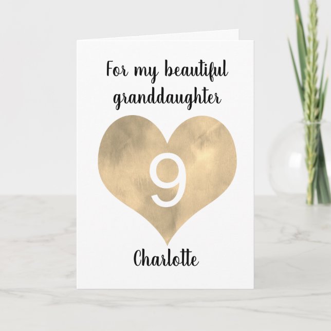 Gold Watercolor Heart 9th Birthday Card (Front)