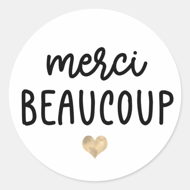 Gold Watercolor Heart Merci Beaucoup Classic Round Sticker (Front)