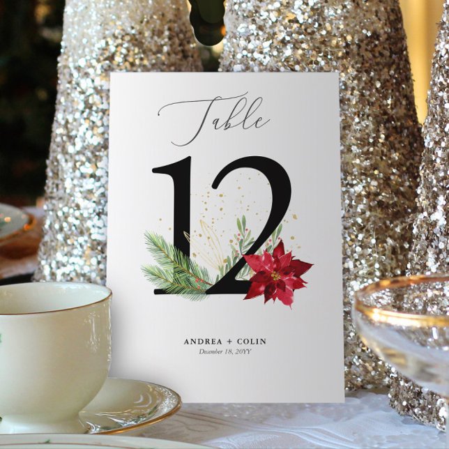 Gold Watercolor Holiday Botanical Table Number 12 (Botanical Christmas Wedding / Event Table Number | No. 12 (For all numbers, see Collection below))