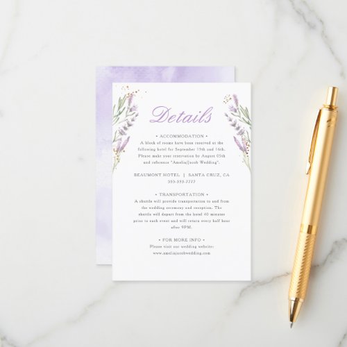 Gold  Watercolor Lavender Floral Wedding Details Enclosure Card