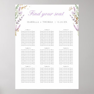 Gold & Watercolor Lavender Wedding Seating Chart