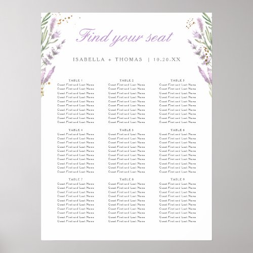 Gold  Watercolor Lavender Wedding Seating Chart