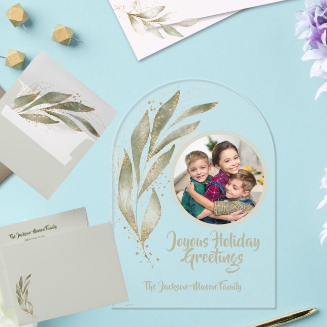 Gold Watercolor Leaves Joyous Holiday Acrylic Card Invitations (Creator Uploaded)