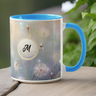 Gold Watercolor Look Dandelions Initial Monogram