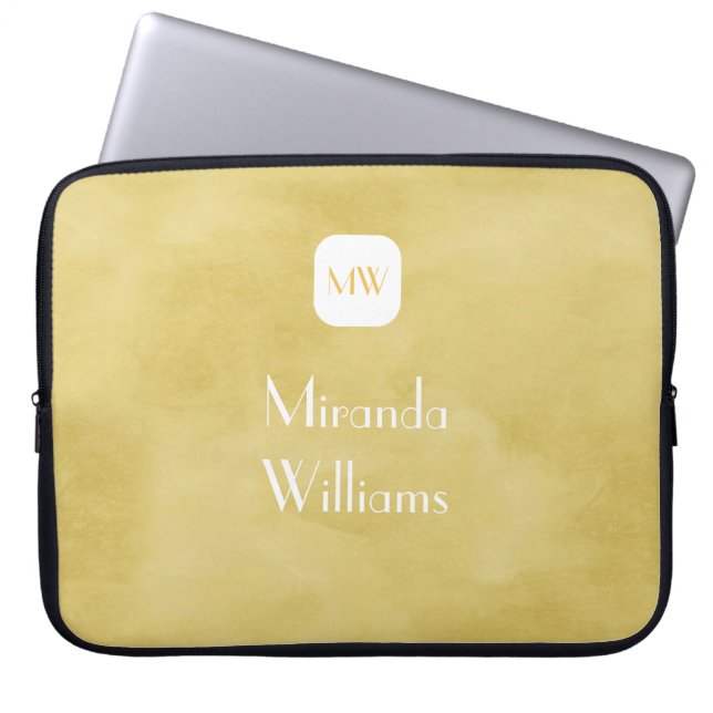 Gold Watercolor Modern Monogram Name Design Laptop Sleeve (Front)