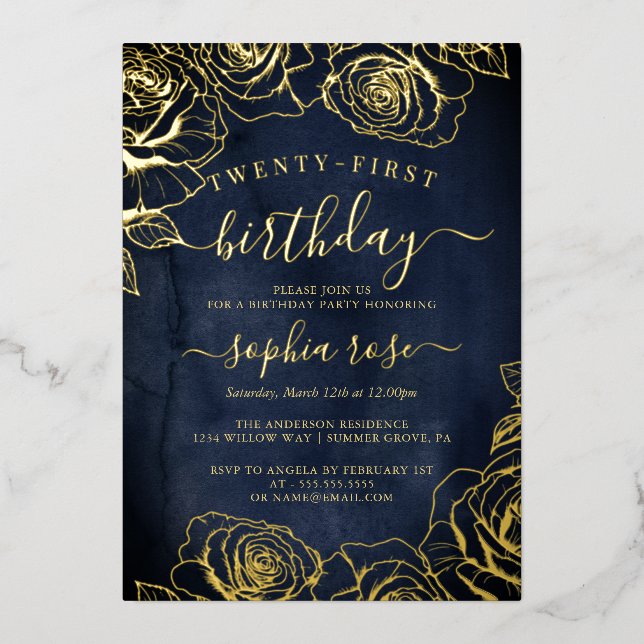 Gold Watercolor Navy Foil Rose 21st Birthday  Invitation (Front)