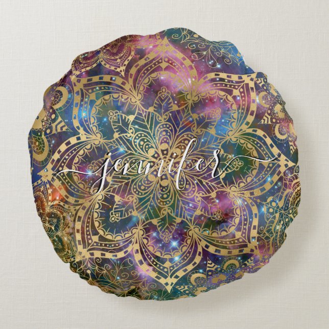 Gold Watercolor Nebula Gold Mandala Custom Name Round Pillow (Back)