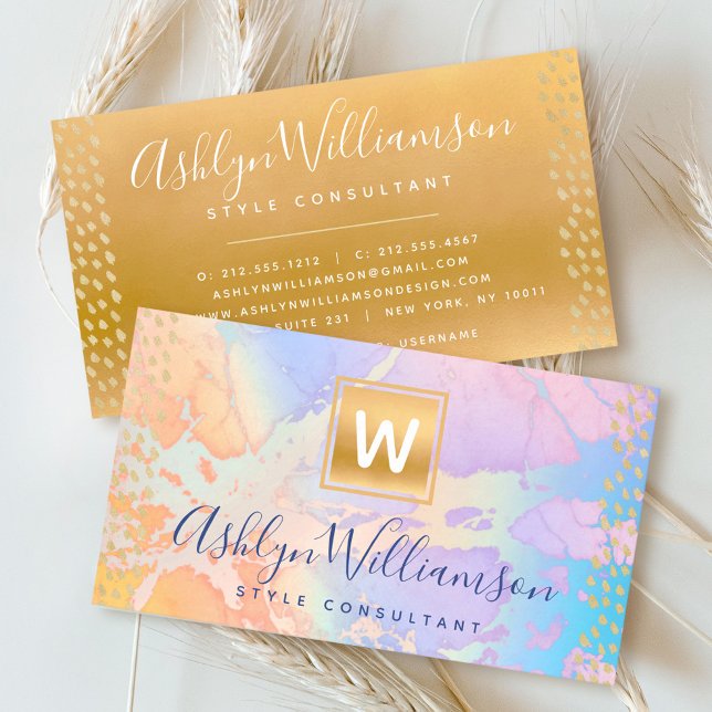 Gold watercolor orange turquoise purple monogram business card (Creator Uploaded)