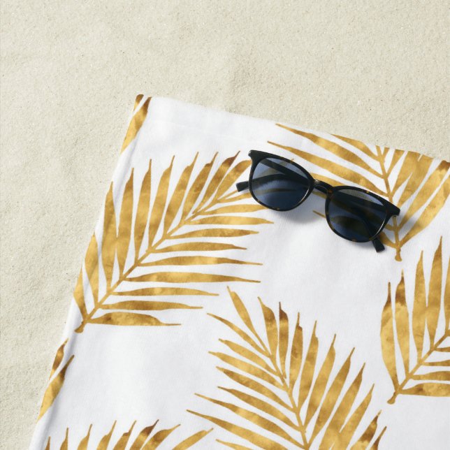 Gold Watercolor Palm Fronds Pattern Beach Towel (In Situ)