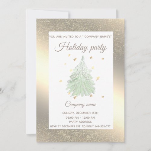 Gold watercolor pine tree company Christmas party Invitation
