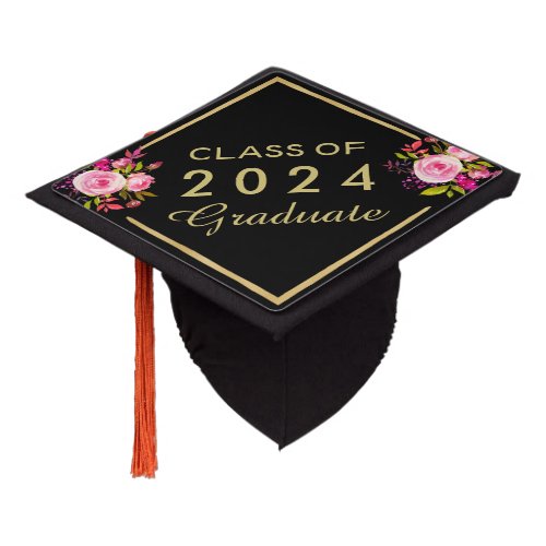 Gold Watercolor Pink Floral CLASS OF 2024 Graduation Cap Topper