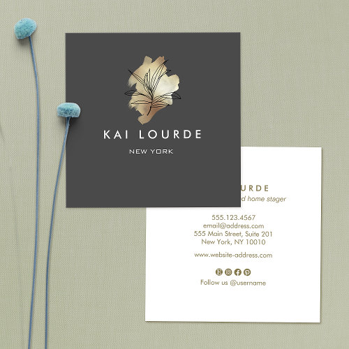 Gold Watercolor Plant Dark Gray  Business Card